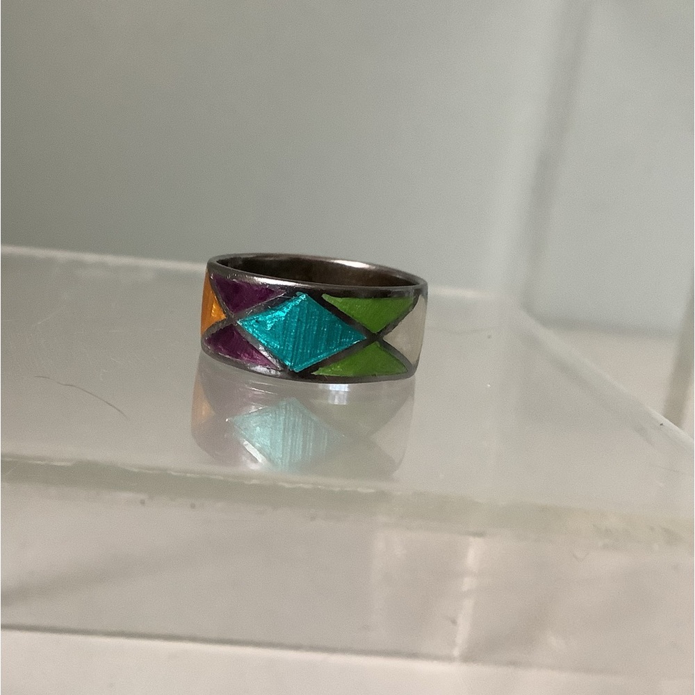 New vintage silver colourful harlequin cloisonné ring - Picture 6 of 12